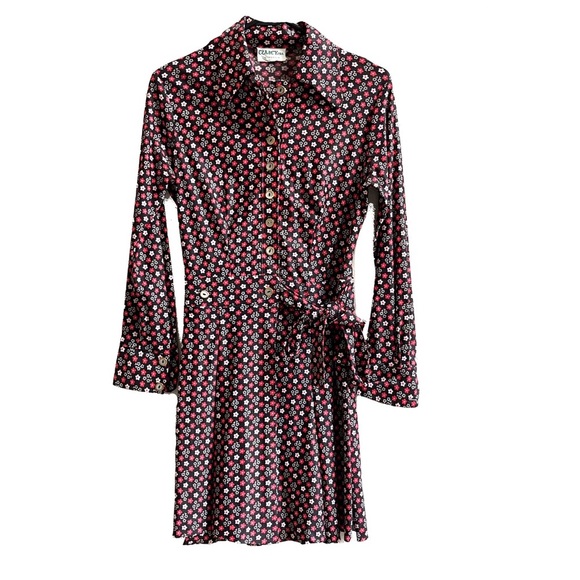 Vintage 70’s Style Red Black Floral Button Up Wrap Dress Preowned Womens Small - Picture 1 of 9